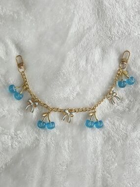 Blue Bow And Cherry Bag Chain with Blue Shimmer Cherries